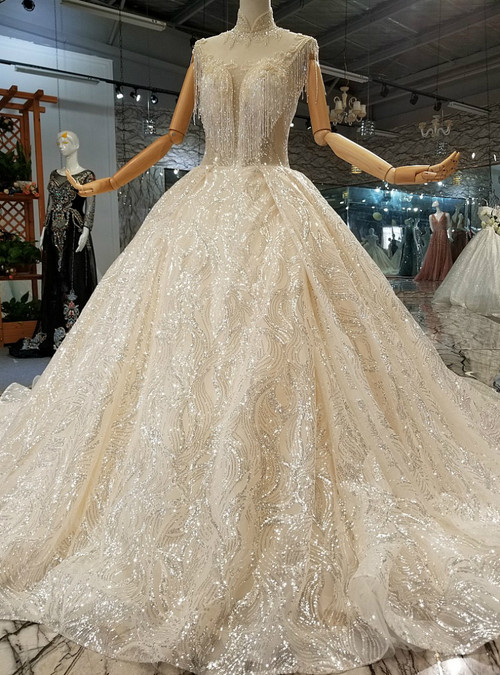 Champagne Ball Gown Sequins High Neck Long Train Wedding Dress