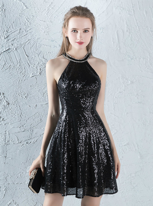 Cute Black Sequins V Neck Backless Tight Homecoming Dresses UQH0184