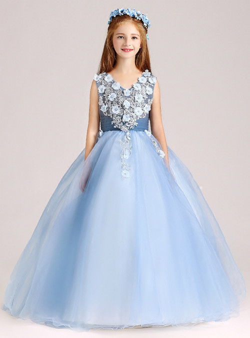 A-Line Blue Tulle V-neck Appliques Floor Length Flower Girl Dress