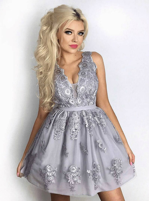 A-Line V-Neck Grey Tulle Homecoming Party Dress With Appliques