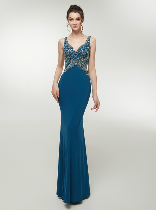 Blue Satin Mermaid Deep V-neck Lace Back Floor Length Prom Dress