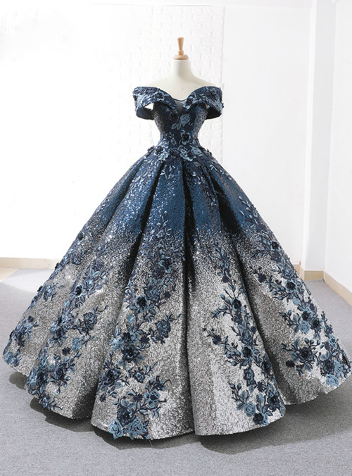 Blue Ball Gown Sequins Off The Shoulder Appliques Floor Length Wedding ...