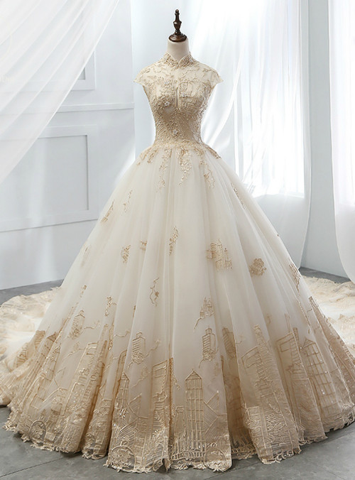 White Ball Gown Tulle Gold Lace Appliques High Neck Wedding Dress