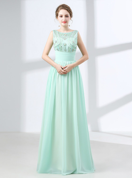 A-Line Green Chiffon Backless Prom Dress With Crystal Bow