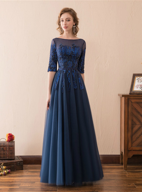 A-Line Blue Tulle Short Sleeve Backless With Sequins Prom Dress