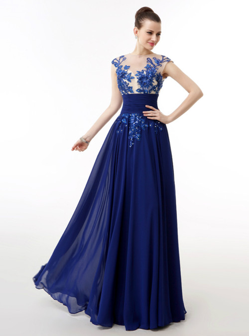 Royal Blue Chiffon Embroidery Sequins Backless Long Prom Dress