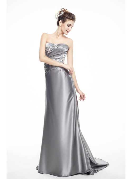 Silver Satin Mermaid Strapsless Pleats Mother Of The Bride Dress