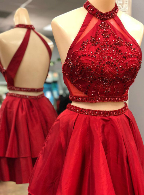 Two Piece Red Satin Halter Backless Homecoming Dress With Crystal