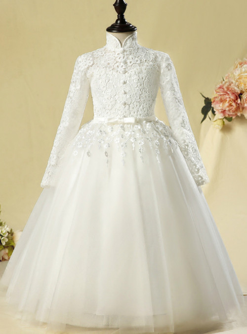 White Flower Girl Tulle Dress with Bowknot and Lace Appliqué