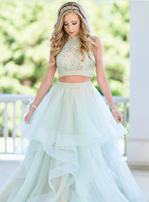 Mint Green Two Piece Tulle Halter Appliques Long Prom Dress