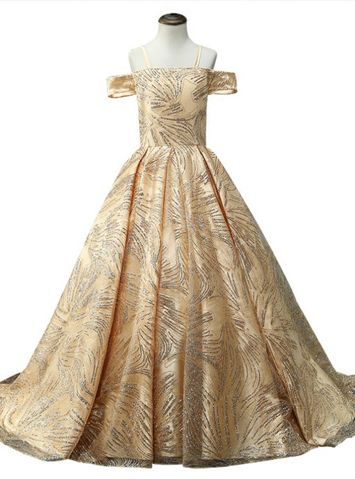 A-Line Satin Pleated Flower Girl Dress Gold