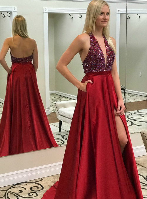 Red Satin Halter Backless Beaded Prom Dress With Side Split