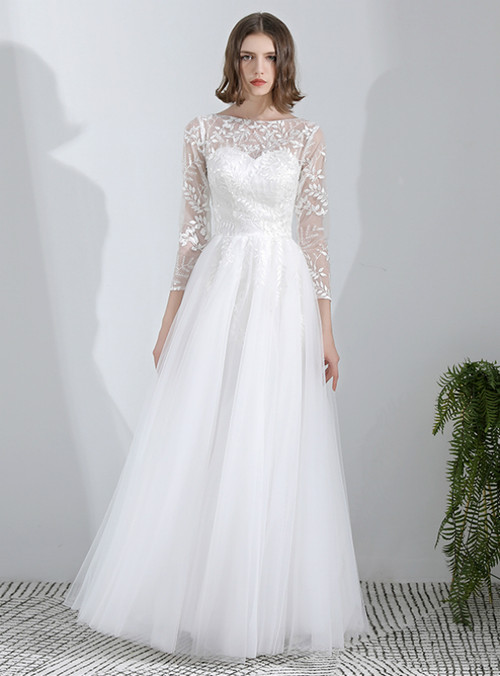 In Stock:Ship in 48 Hours White Lace Tulle 3/4 Sleeve Weddign Dress