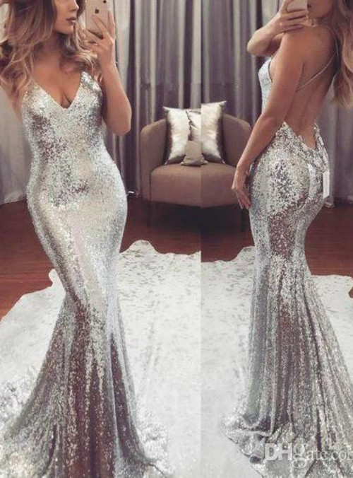 Sexy Silver Sequins Mermaid Prom Dresses Spaghetti Straps