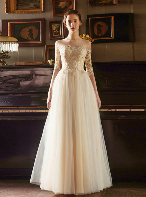 A-Line Simple Gold Appliques Embroidery Long Sleeve Wedding Dress