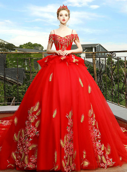 Red Ball Gown Spaghetti Straps Embroidery Appliques Wedding Dress