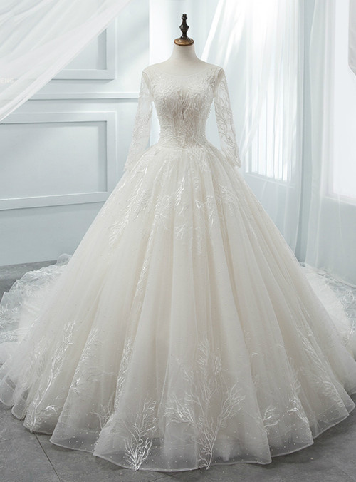 White Ball Gown Scoop Long Sleeve Tulle Wedding Dress With Beading