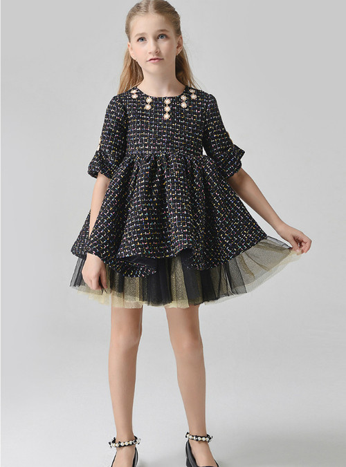 In Stock:Ship in 48 Hours Black Half Sleeve Mini Flower Girl Dress