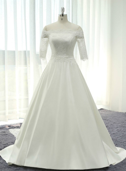 White Satin Lace Off The Shoulder Short Sleeve Wedding Dress With Lace ...