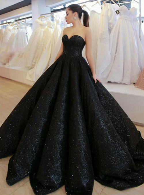 Ball Gown Black Sequin Sweetheart Sleeveless Floor-Length Prom Dress