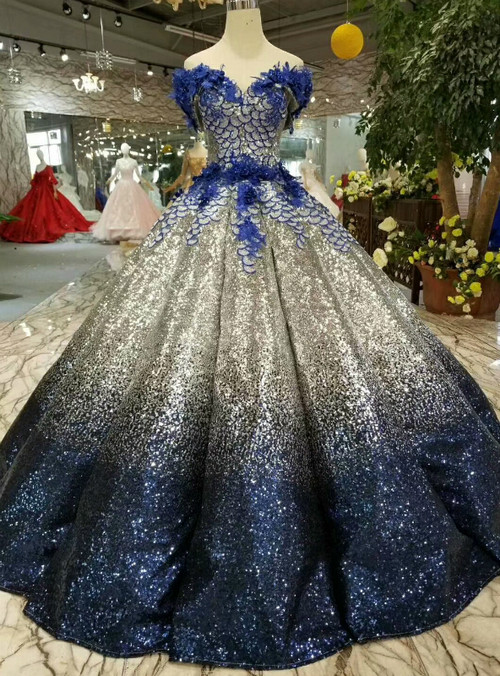 silver royal blue wedding dresses Ombre Sequins Off The Shoulder Ball Gown Sleeve:37 Royal blue wedding dress midi dress Tiered Midi Dress Black