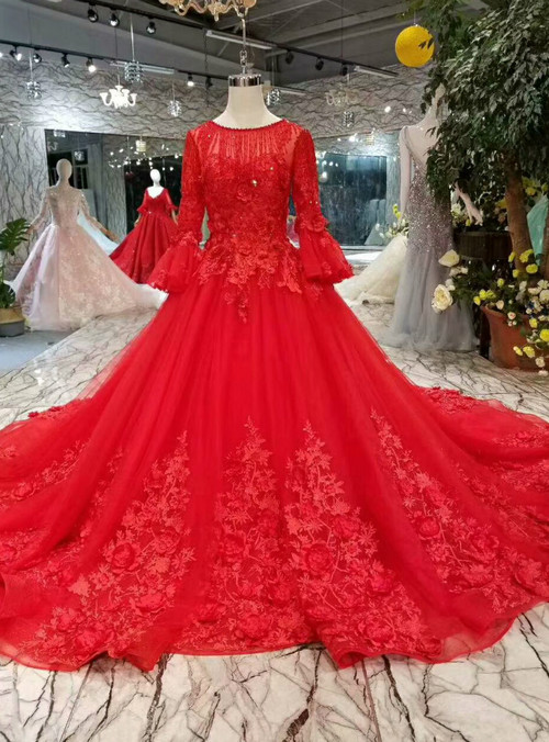 Red Tulle Long Sleeve Appliques Flower Wedding Dress With Train