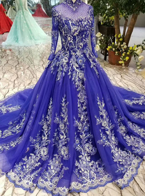 Royal Blue High Neck Long Sleeve Tulle Embroidery Wedding Dress