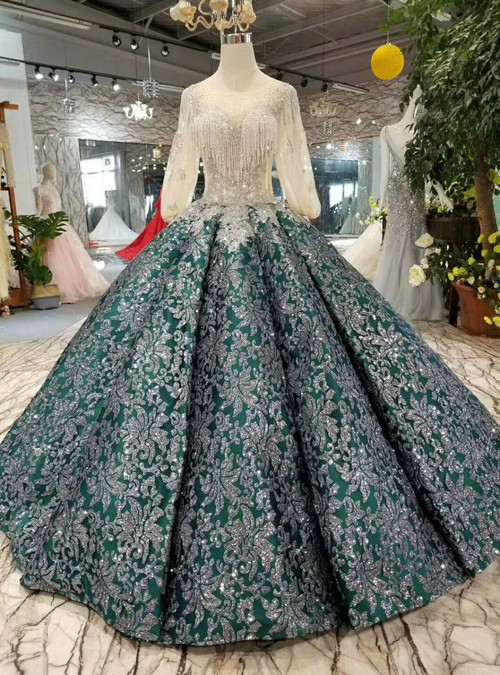 Green Ball Gown Sequins Appliques Puff Sleeve Wedding Dress With Beading