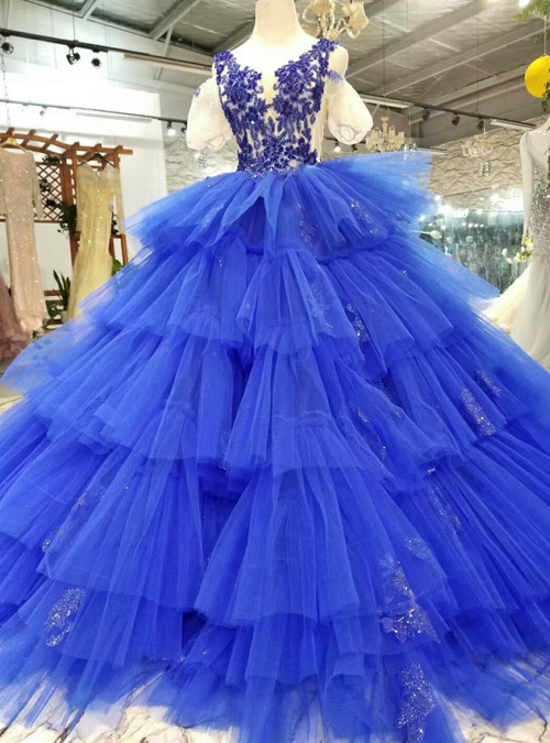 Royal Blue V-neck Tulle Appliques Cold Shoulder Puff Sleeve Wedding Dress