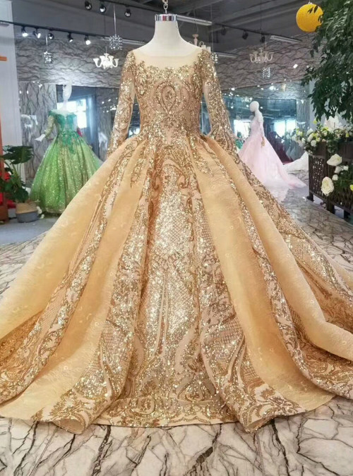 Luxury Gold Ball Gown Bateau Neck Long Sleeve Bling Bling Sequins ...