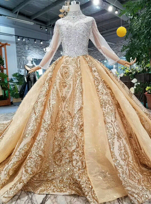 Champgne High Neck Gold Sequins Appliques Long Sleeve Wedding Dress ...