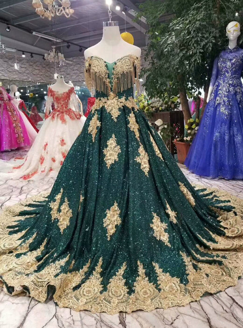 Green Sequins Gold Lace Appliques Off The Shoulder Wedding Dress With ...