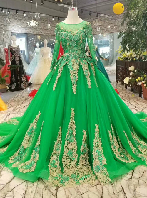 Green Ball Gown Tulle Appliques Embroidery Long Sleeve Wedding Dress