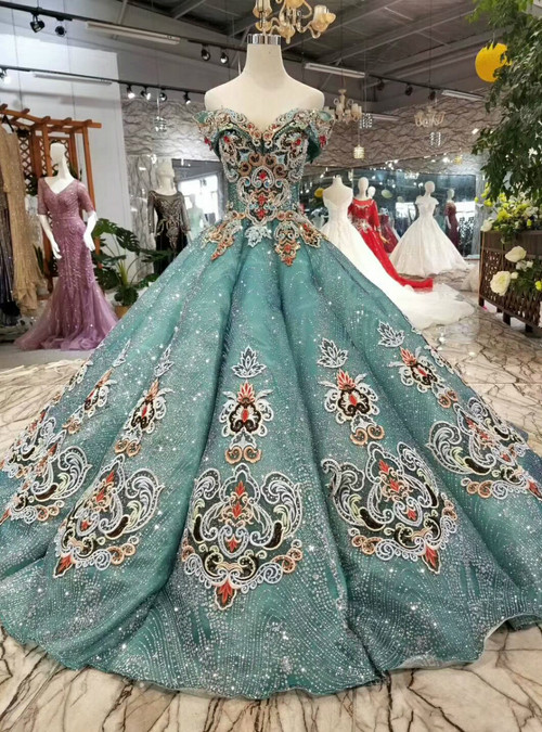 Green Ball Gown Sequins Bling Bling Off The Shoulder Beading Haute ...