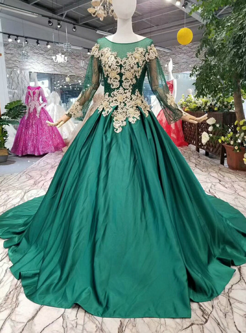 Green Ball Gown Satin Appliques Long Sleeve Wedding Dress With Beading