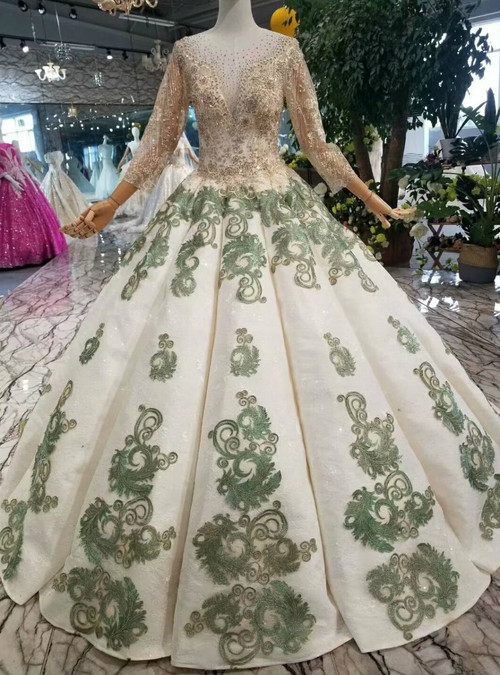 Champagne And Green Appliques Long Sleeve Beading Floor Length Wedding ...