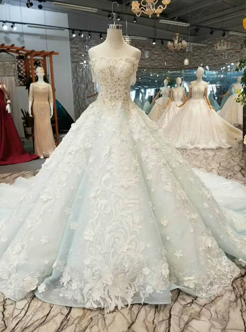 Blue Ball Gown Strapless Appliques Beading Haute Couture Wedding Dresses