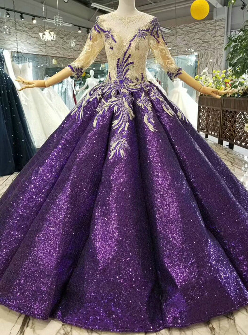 Purple Ball Gown Sequins Appliques Half Sleeve Floor Length Wedding Dress