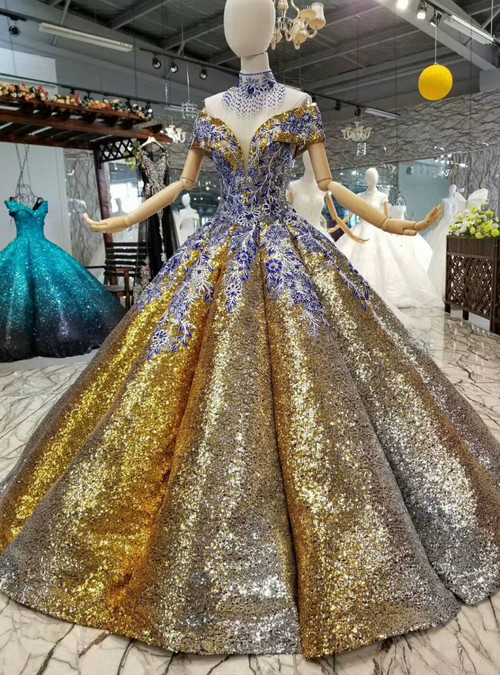 Gold Ball Gown Sequins Embroidery Appliques Off The Shoulder Wedding Dress