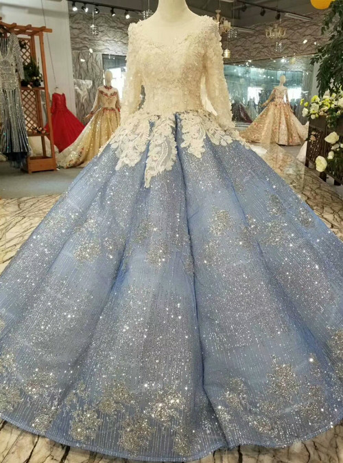 Blue Ball Gown Sequins Long Sleeve Appliques Haute Couture Wedding Dresses