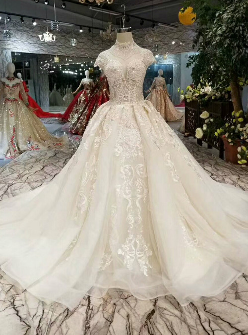 High Neck Light Champagne Appliques Elegant Lace Tulle Wedding Dresses AS50639
