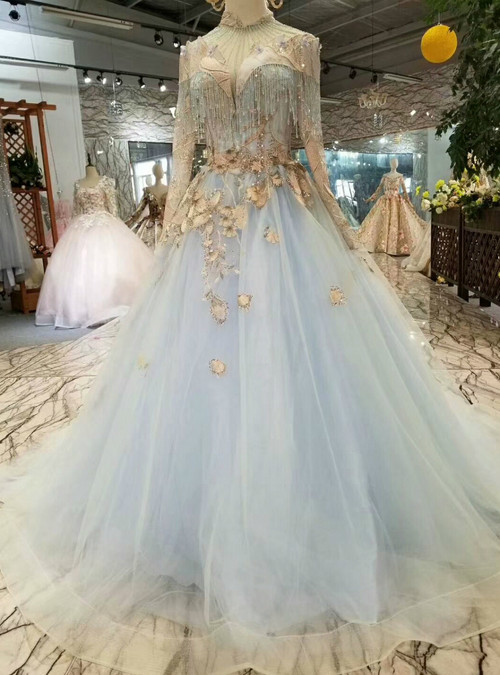 Blue Ball Gown Tulle High Neck Long Sleeve Appliques Wedding Dress