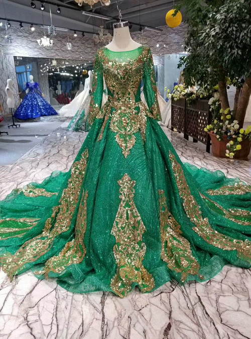 Emerald Green Ball Gown Tulle Sequins Appliques Long Sleeve Wedding ...