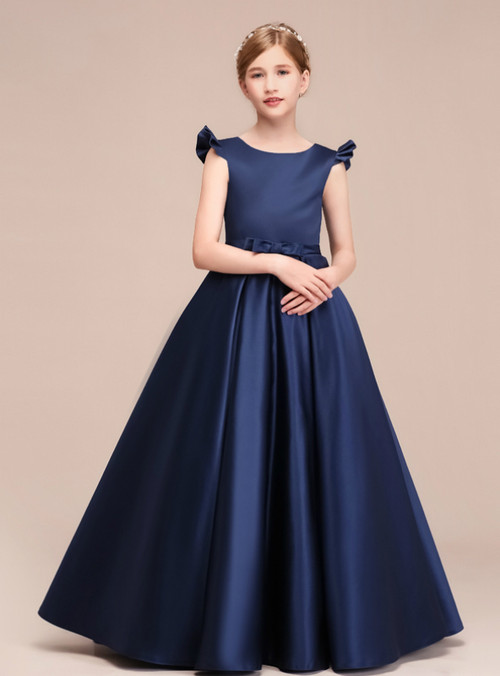 A-Line Navy Blue Satin Floor Length Flower Girl Dress With Bow