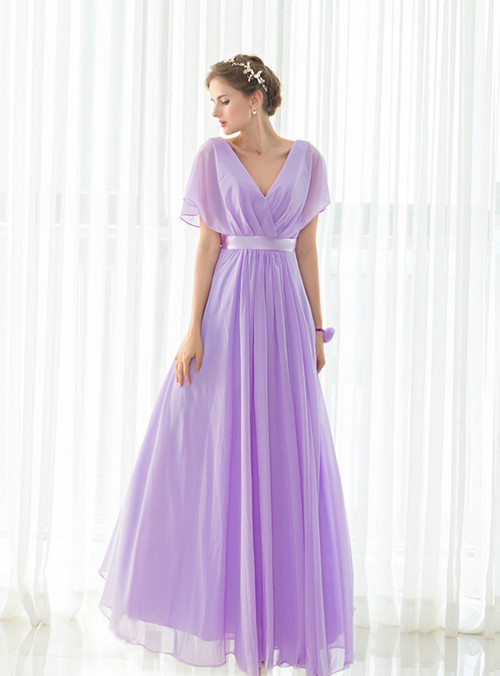 Light Purple Chiffon V-neck Backless Pleats Long Bridesmaid Dress