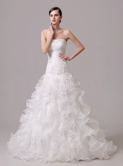 White Mermaid Organza Sweetheart Pleats Wedding Dress With Beading