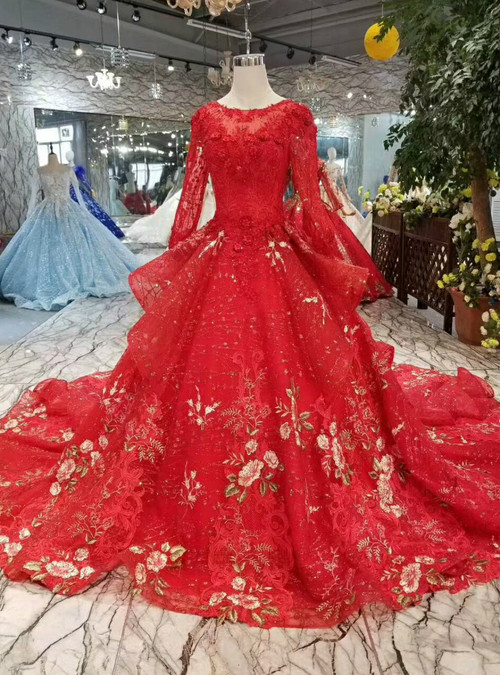 Red Ball Gown Tulle Sequins Embroidery Appliques Long Sleeve Wedding Dress