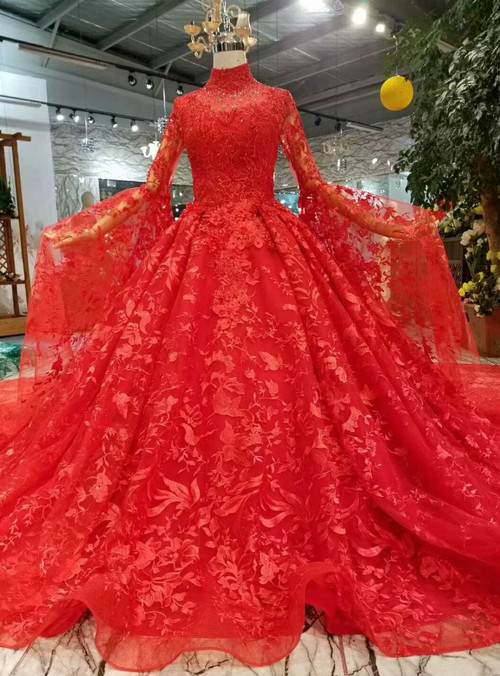 Red Ball Gown Lace Long Sleeve High Neck Wedding Dress With Long Train