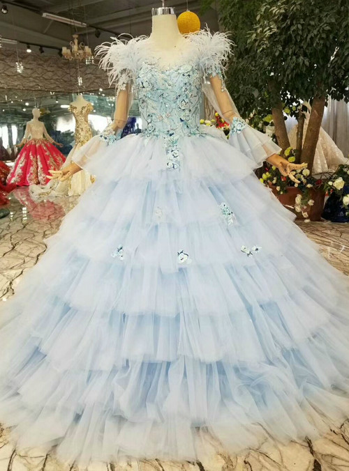 Blue Ball Gown Tulle Appliques Long Sleeve Wedding Dress With Feather