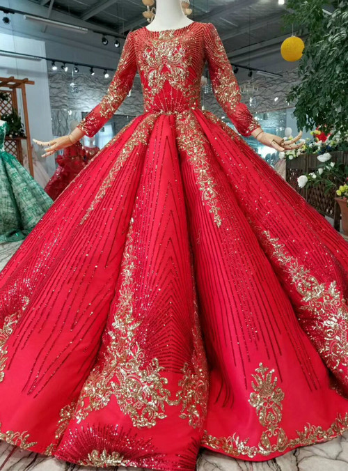 Red Ball Gown Sequins Long Sleeve Wedding Dress With Beading